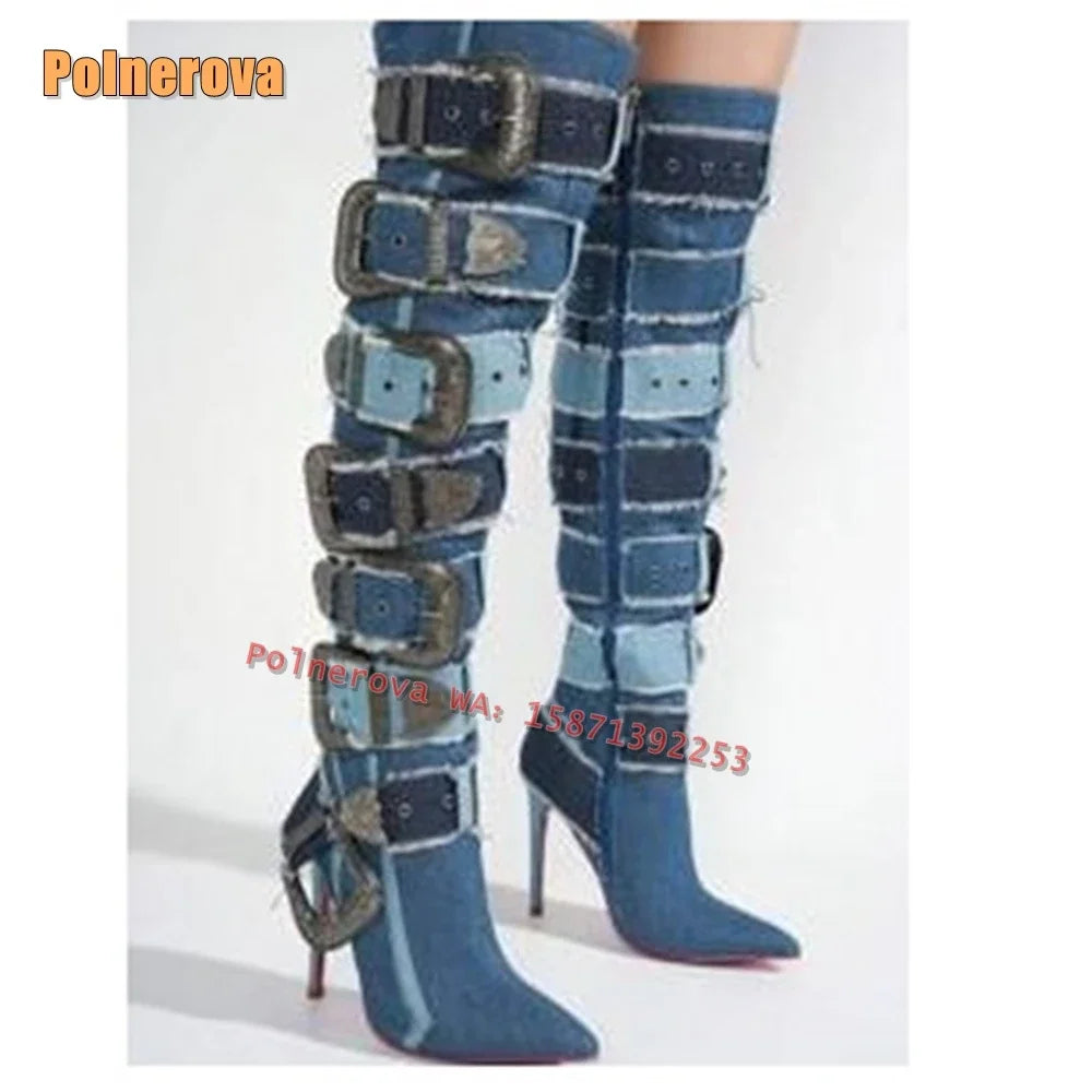 Metal Belt Buckle Canvas Fashion Boots Pointed Toe