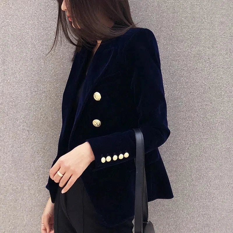 New Spring Fashion Women Midnight Navy Slim Velvet Blazer