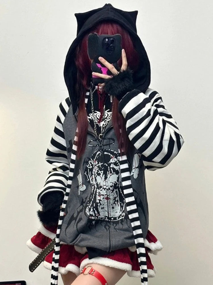 Gothic Y2k Coats Harajuku Gothic Women Hooded Zip Up