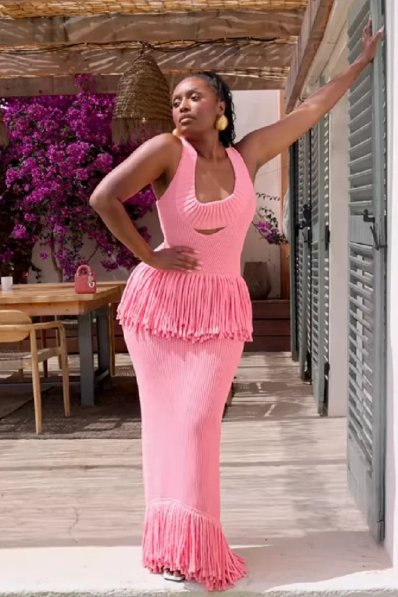 Women Sexy See Through Knitted Maxi Dress Hollow Out Deep Neck Pot Robes Tassel Hem Fork Party Vestidos 2025 New Lady Club Gown