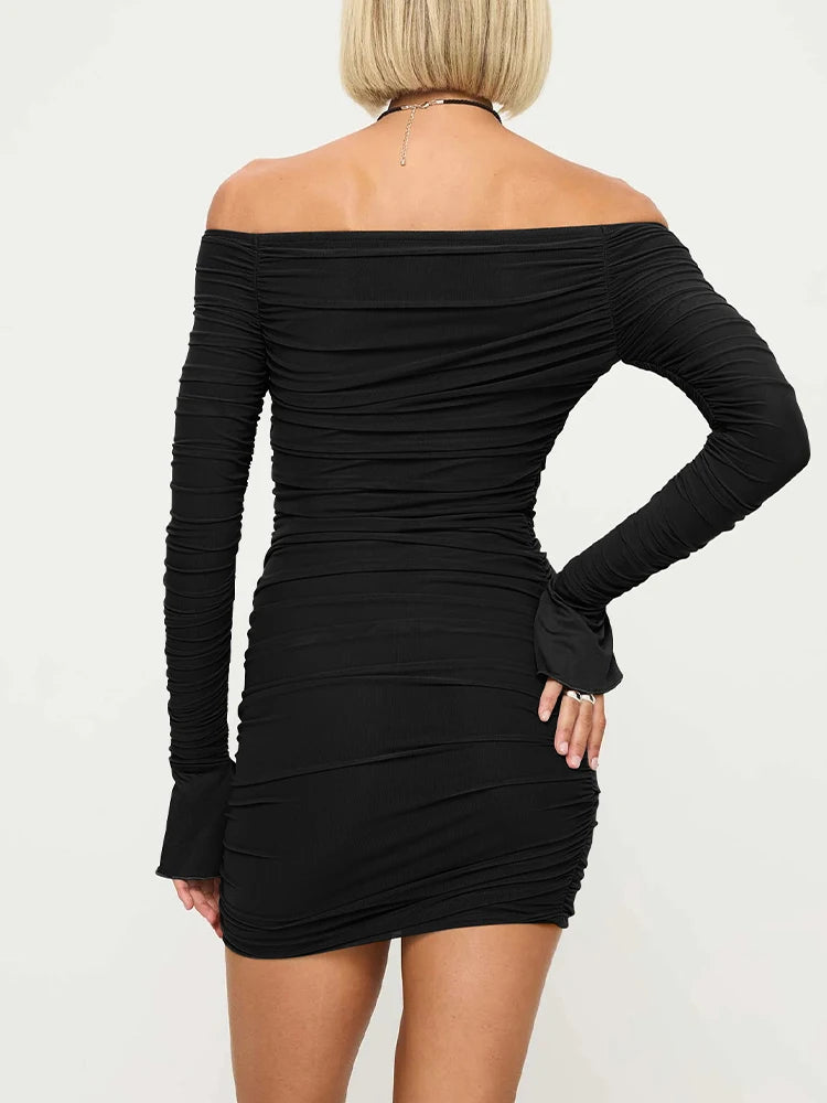 Women's Sexy Off - Shoulder Ruffled Dress with Flare Sleeves Fashion Party Dress