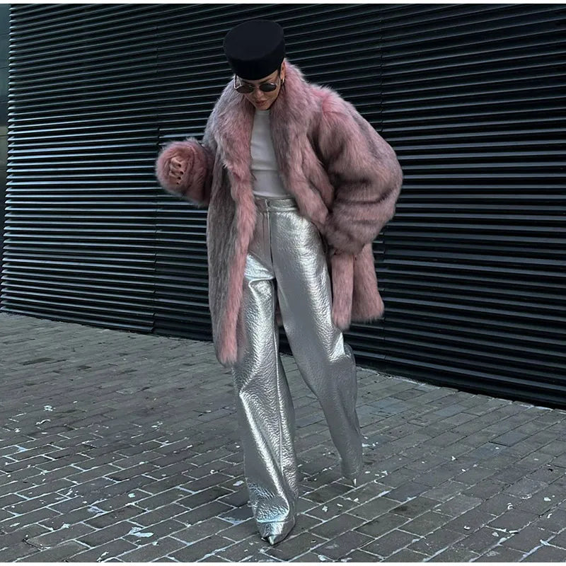 Retro Lapel Rose Red Faux Fur Coats Women
