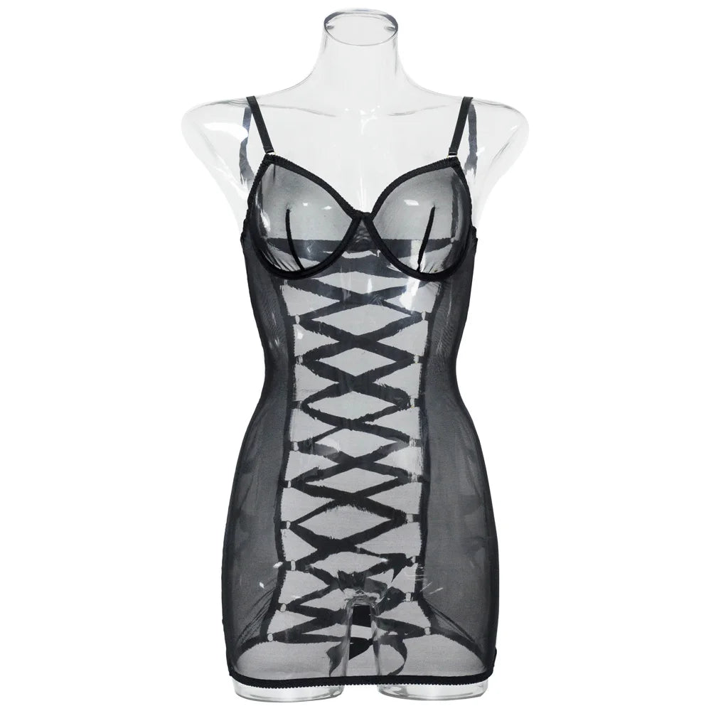 Sexy Cutout Tie Backless Dress Sheer Lace Erotic See Through Lingerie Transparent Porn Night Dresses Lace Up Babydoll Clothes
