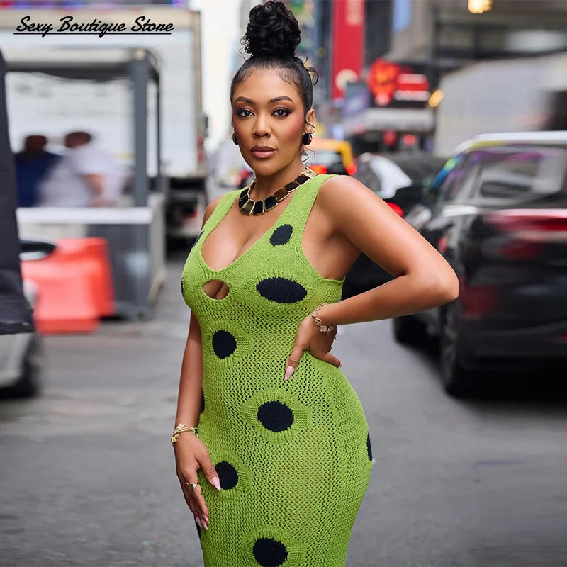 Women Sexy See Through Knitted Maxi Dress Hollow Out Deep Neck Pot Robes Tassel Hem Fork Party Vestidos 2025 New Lady Club Dress