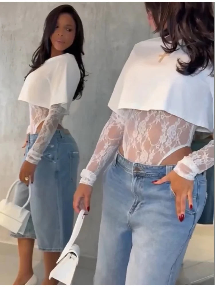 Sexy Lace Bodysuit T-Shirt 2-Piece Set Women's Long Sleeve Shapewear Corsets Y2K Streetwear Outfit 2025 Summer Casual Outwear