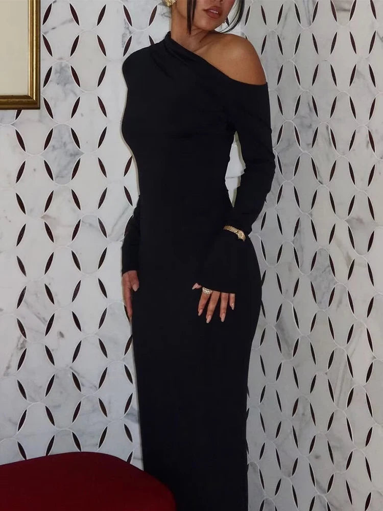 Women Sexy Dress 2025 Summer Fall New Long Sleeves Wrinkle Off-Shoulder Slim Dress Women Fashion Elegant Party Dress