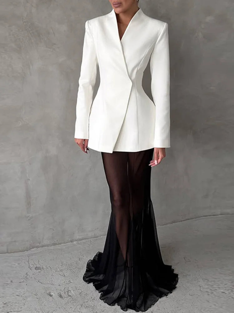 Yitimuceng Elegant Solid Mesh Maxi Skirt 2 Piece Set Women Streetwear V Neck Long Sleeve Coat 2025 New Autumn Winter Skirt Sets