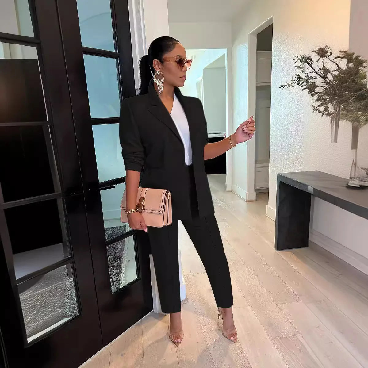 Women's Suit Blazer and Pants Casual Fashion Solid Long Sleeved Versatile Coat Tight Trousers Set Slim Fit Office 2 Piece Suit