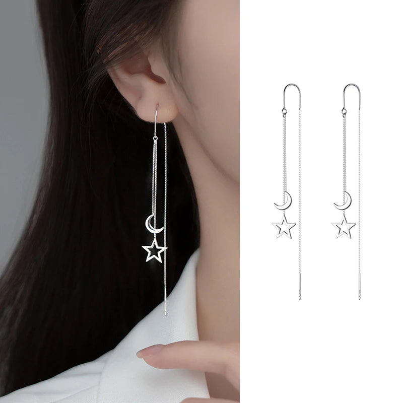 S925 Silver Star Line Tassel Earrings