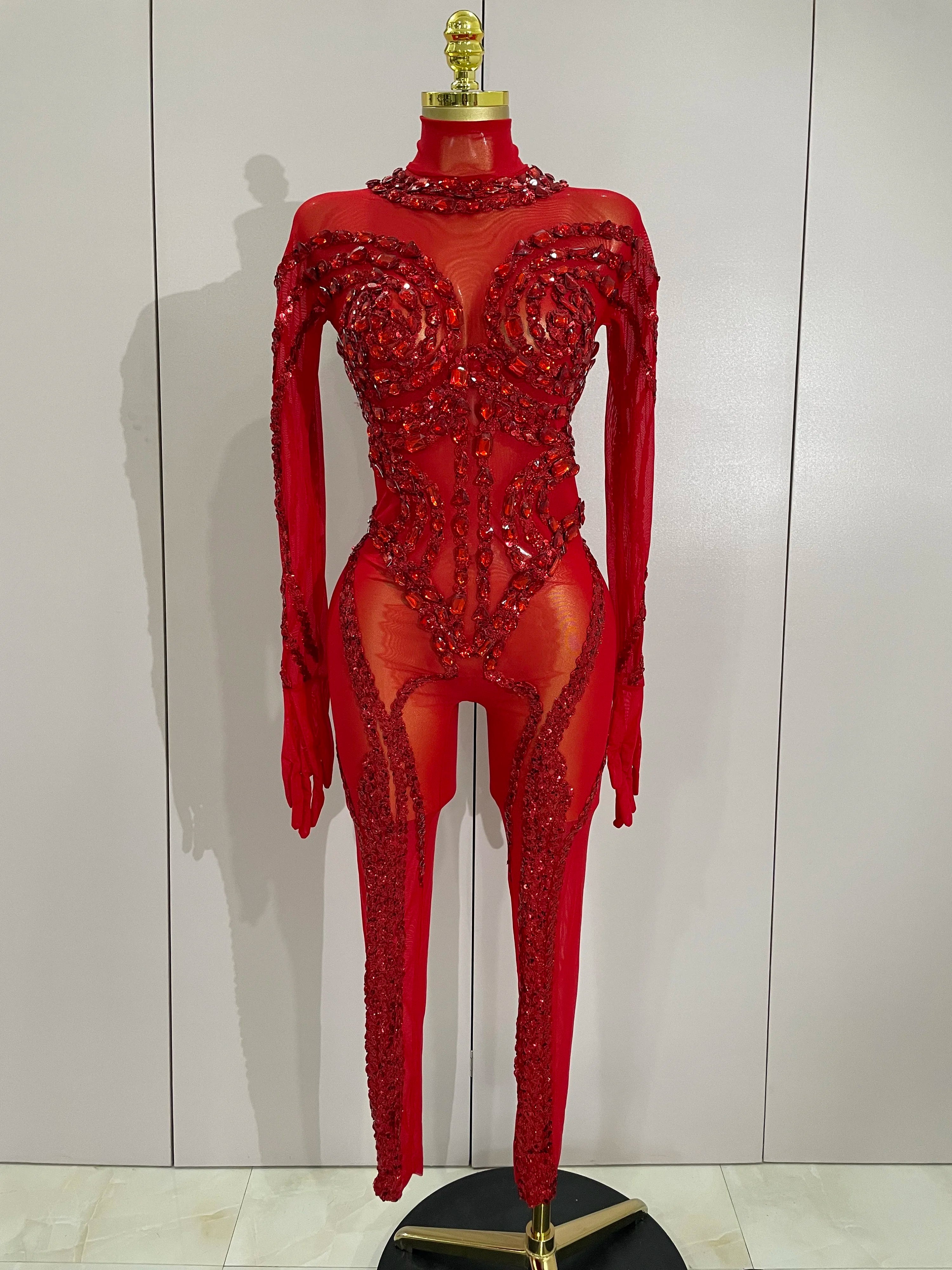 Luxury Festivals Outfit Sparkle Diamonds Sequins Black Spandex Jumpsuit Women Eveing Birthday Party NightClub Bar Stage Costume