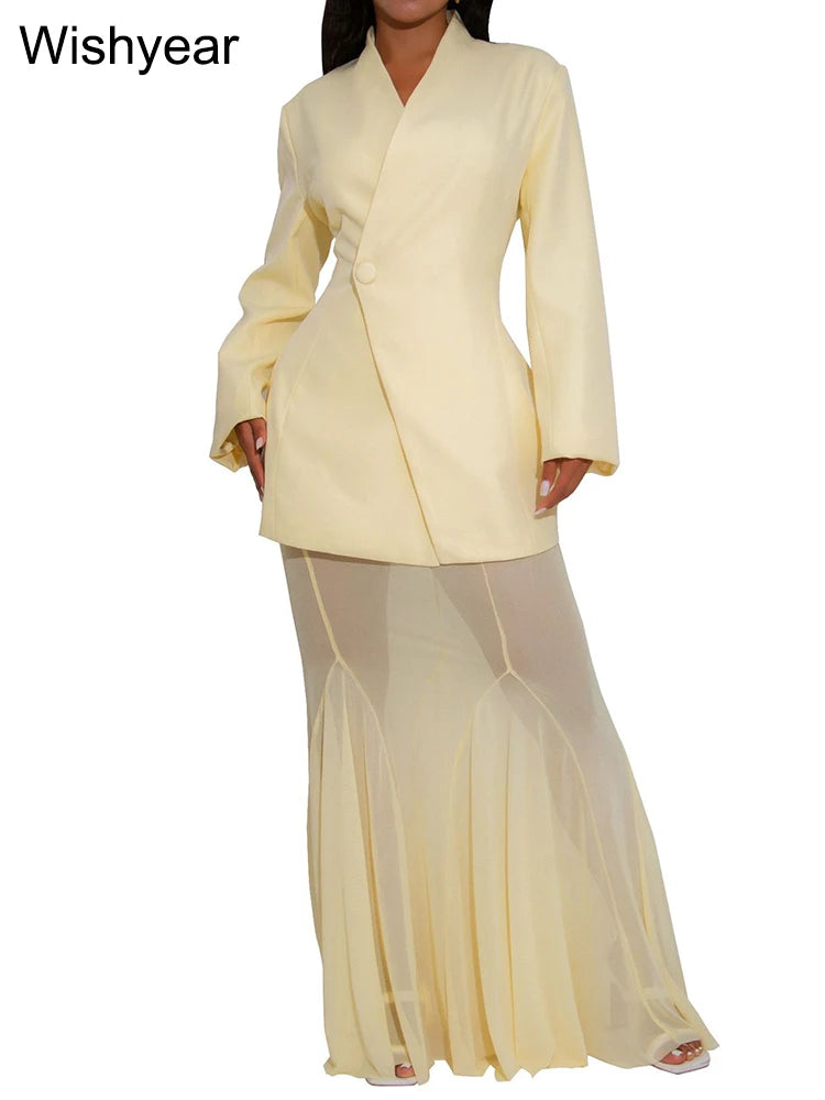 Elegant 2-Piece Office Dress Set for Women Apricot Blazer Coat Mesh Long Skirt Outfit Fashion Birthday Evening Party Guest Wear
