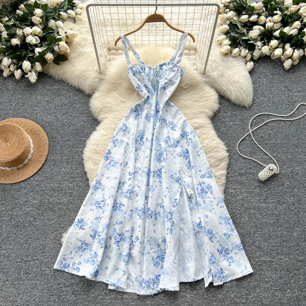 Vintage sexy split Ruched Dress Chic Summer Beach