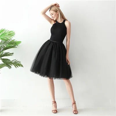 5-Layer Black Pleated Tulle Midi Skirt