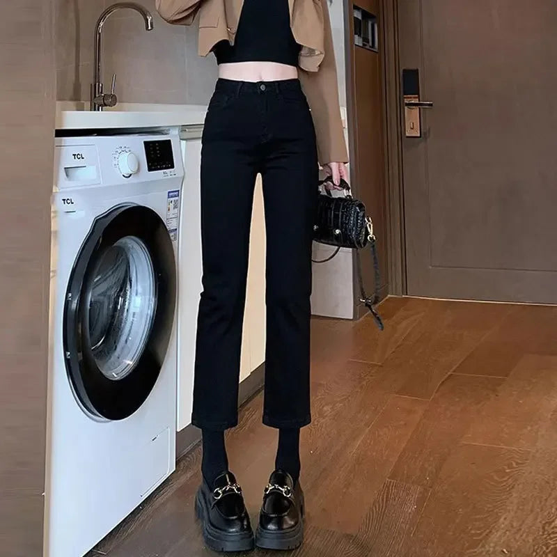 Charcoal Grey High-Waist Straight-Leg Jeans