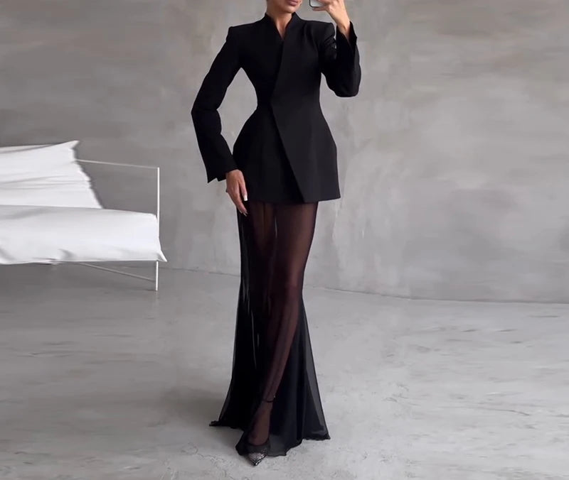 Yitimuceng Elegant Solid Mesh Maxi Skirt 2 Piece Set Women Streetwear V Neck Long Sleeve Coat 2025 New Autumn Winter Skirt Sets