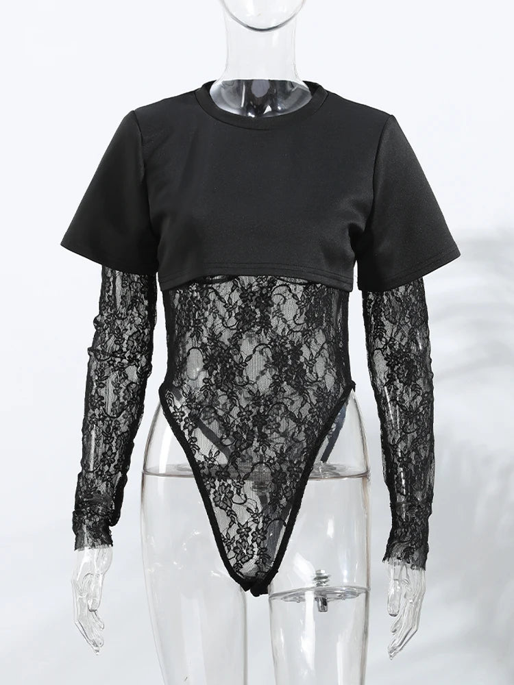 Women Crop Top Sheer Lace Bodysuit Short-Sleeve Layered 2025 Fashion Summer Sexy Outfit Trendy Party Chic Edgy Hot Lady Vestido