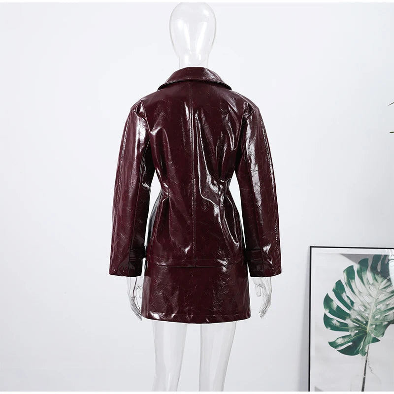 Fashion PU Leather Skirt Sets Women Lapel Long Sleeve