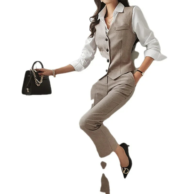 New Korean Style Women's Suit Jacket Fashionable Vest Professional Three Piece Set Autumn Wear Polyester Blend Full Sleeve