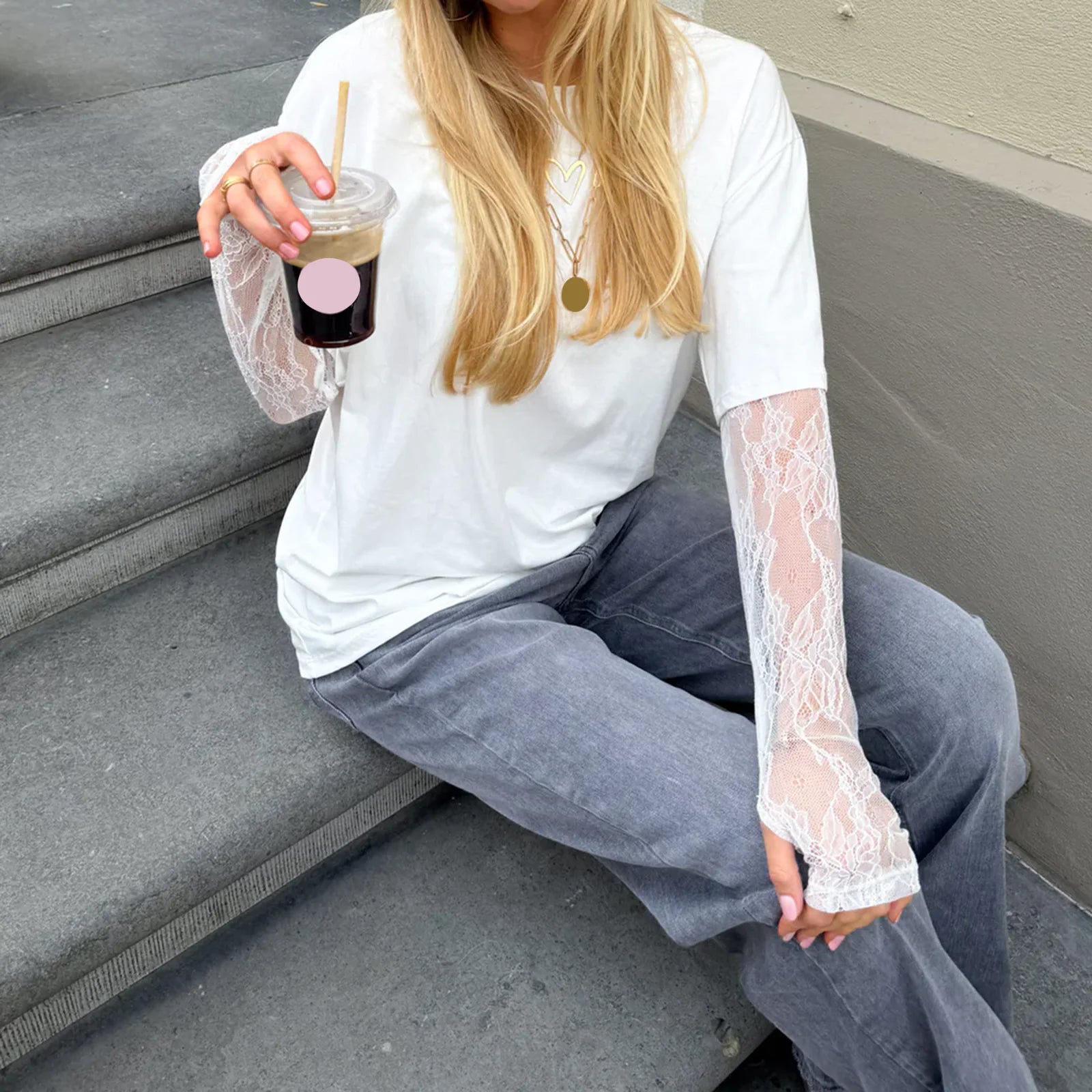 Women Round Neck T-Shirts Lace Long Sleeve Casual Shirts Spring Fall Loose Fit Tops Streetwear