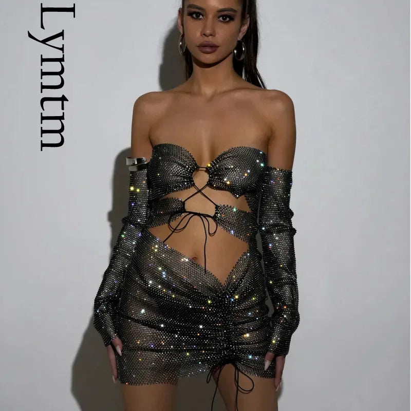 Women Sexy Two Piece Sets Strapless Rhinestone Diamond Crop Top