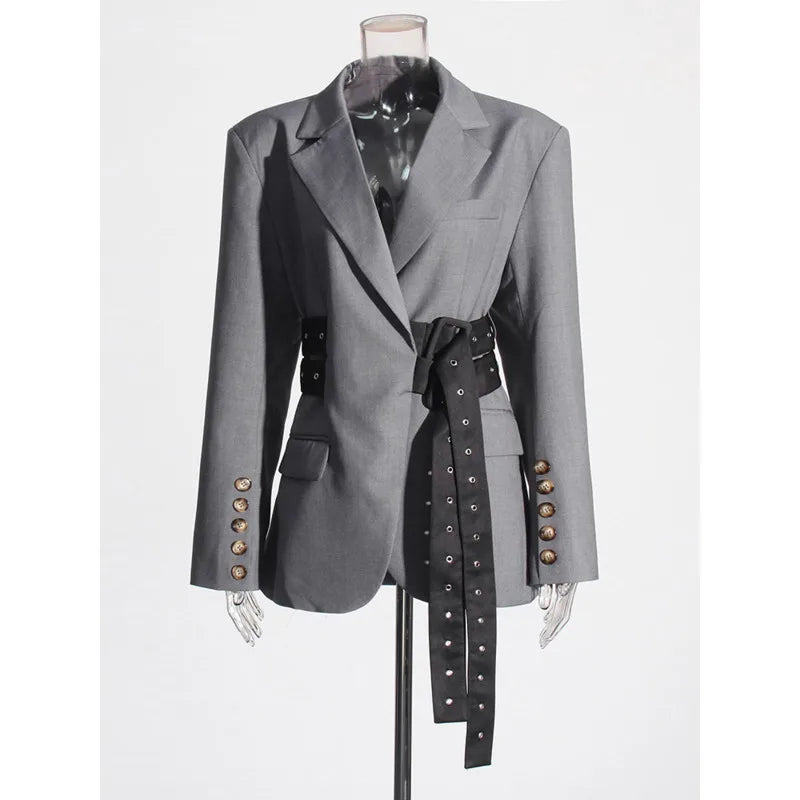 Solid Temperament Jacket Spliced Belt Blazer Women Notched Collar Long Sleeve Outerwear Patchwork Button Elegant Blazers Female