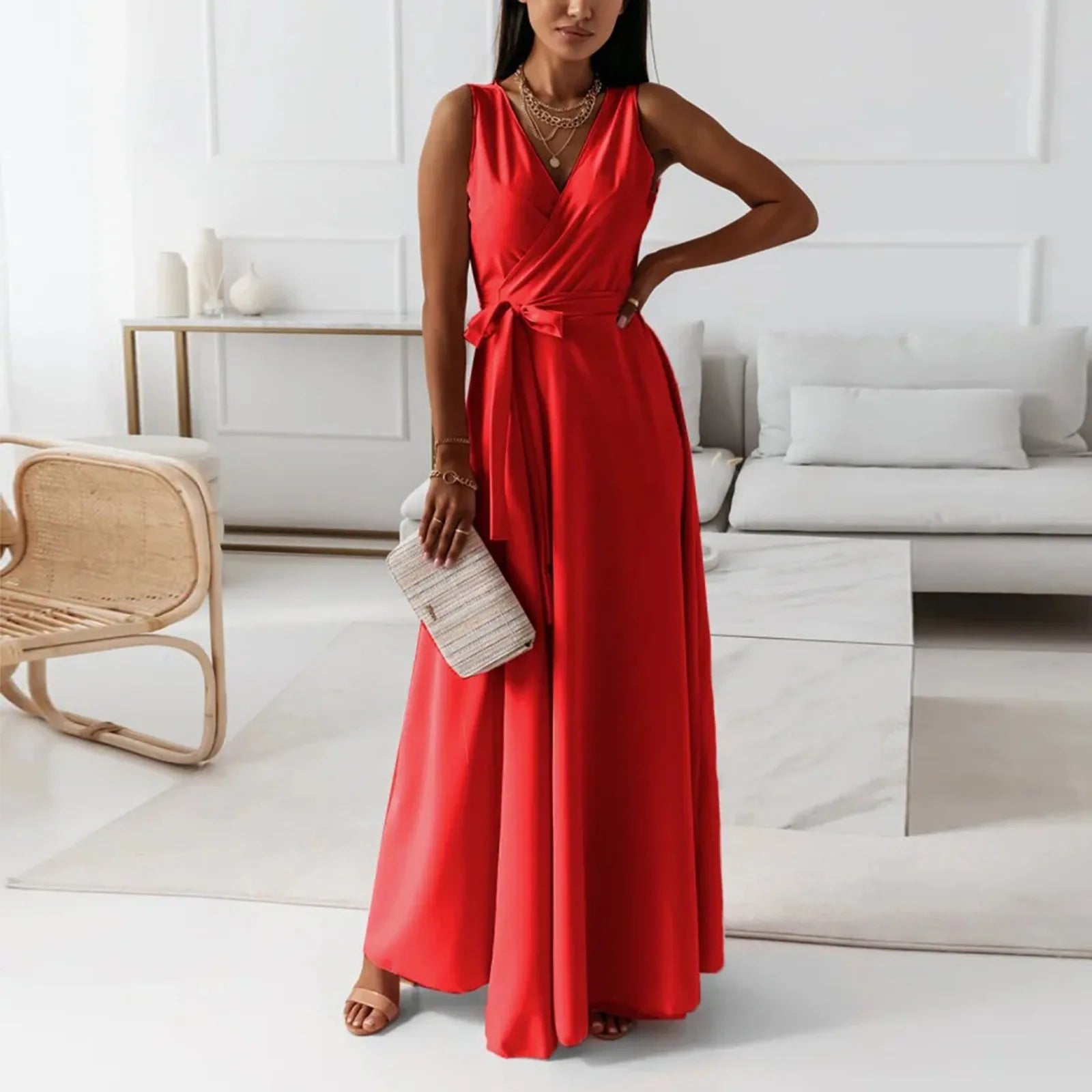 dresses for women elegant party dresses V-neck Sleeveless Belt Evening Dresses