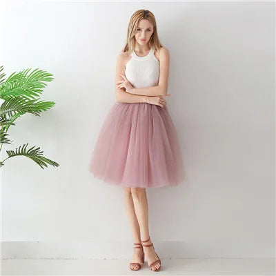 5-Layer Black Pleated Tulle Midi Skirt