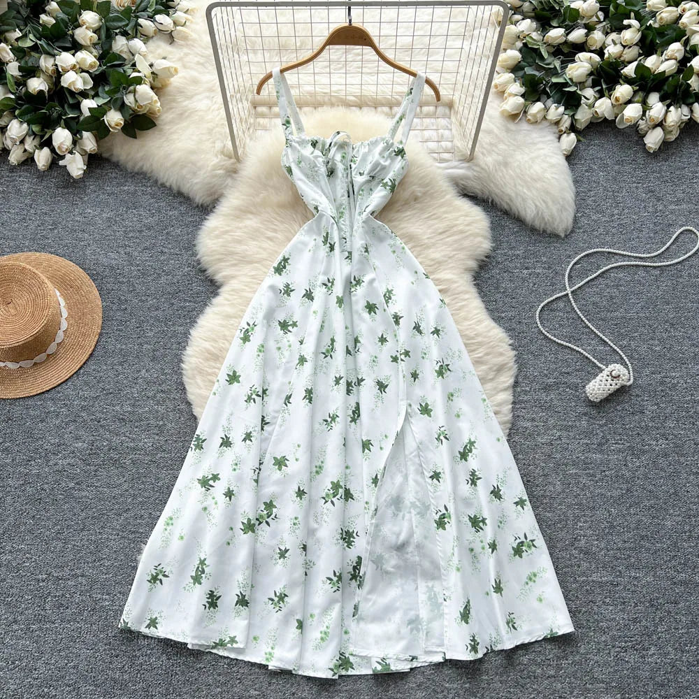 Vintage sexy split Ruched Dress Chic Summer Beach