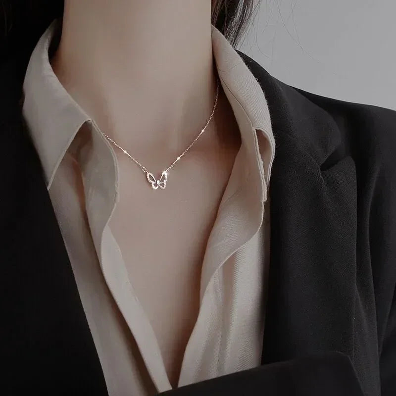 Crystal Zircon Butterfly Pendant Necklace