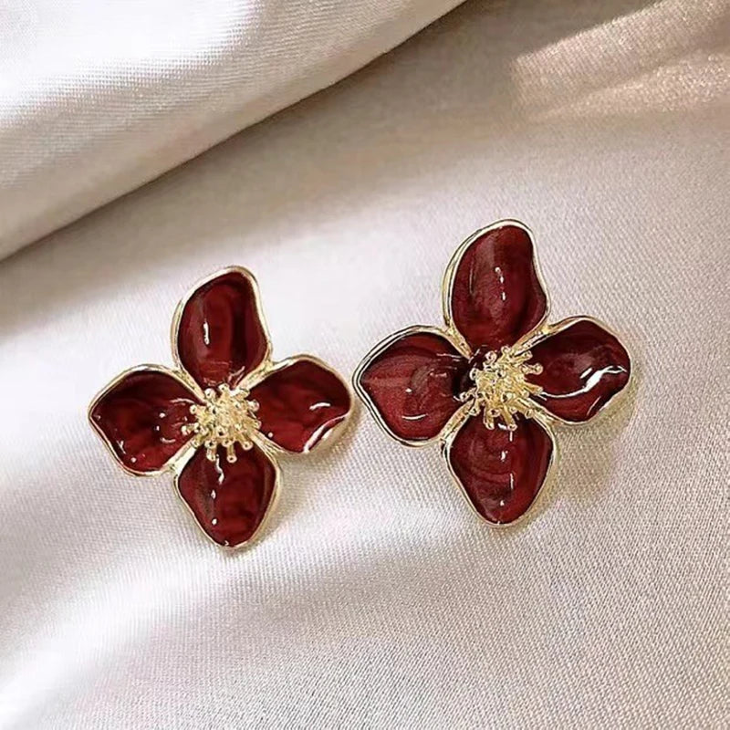 Hibiscus Flower Dropped Glaze Stud Earrings