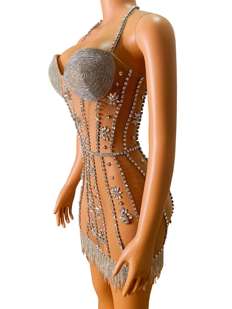 Women Sexy Transparent Rhinestones Bodysuit Sexy Tight Mesh Ruffles Performance Dancer Singer Costume Nightclub Stage Outfit