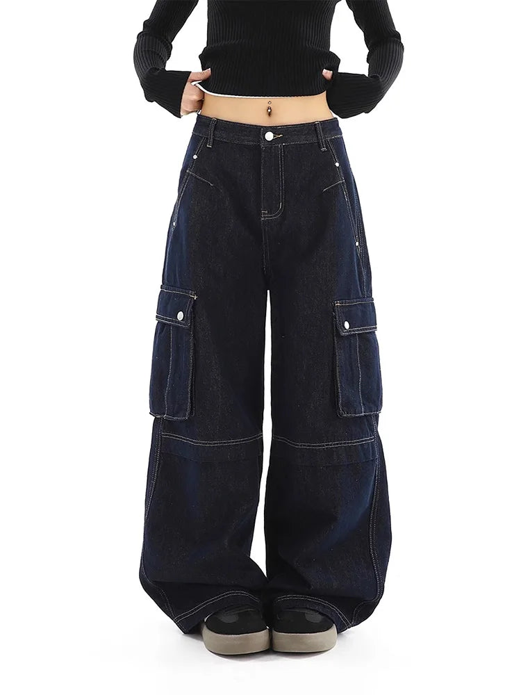 Retro Multi-pocket Jeans Women High Street Trend Denim Cargo Pants Baggy High-waisted Straight Wide-leg Denim Trousers