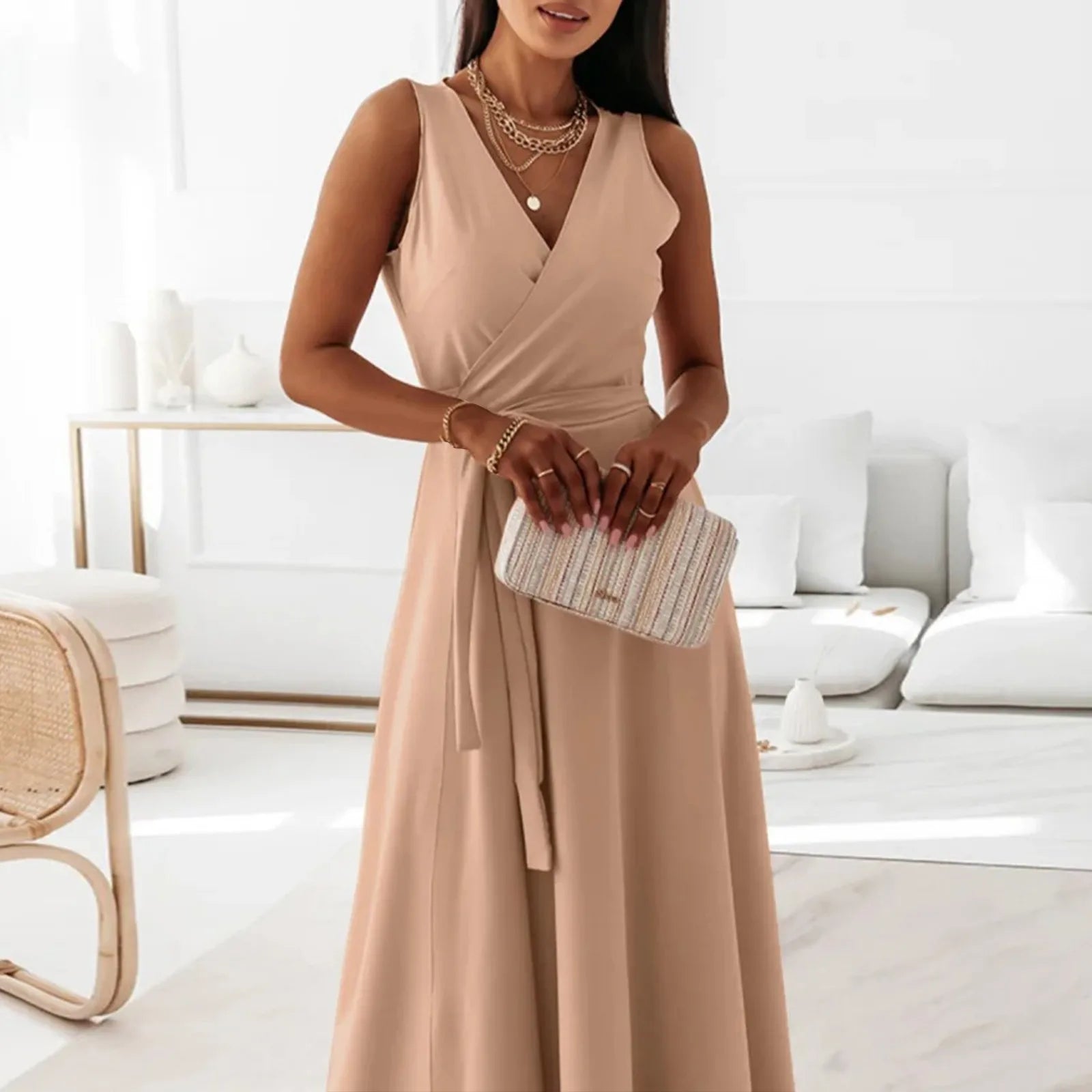 dresses for women elegant party dresses V-neck Sleeveless Belt Evening Dresses