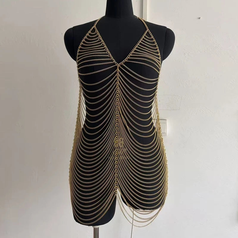 Sexy Club Sundress Handmade See Through Metal Body Chain