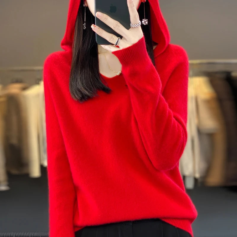 100% Merino Wool V-Neck Hoodie for Women