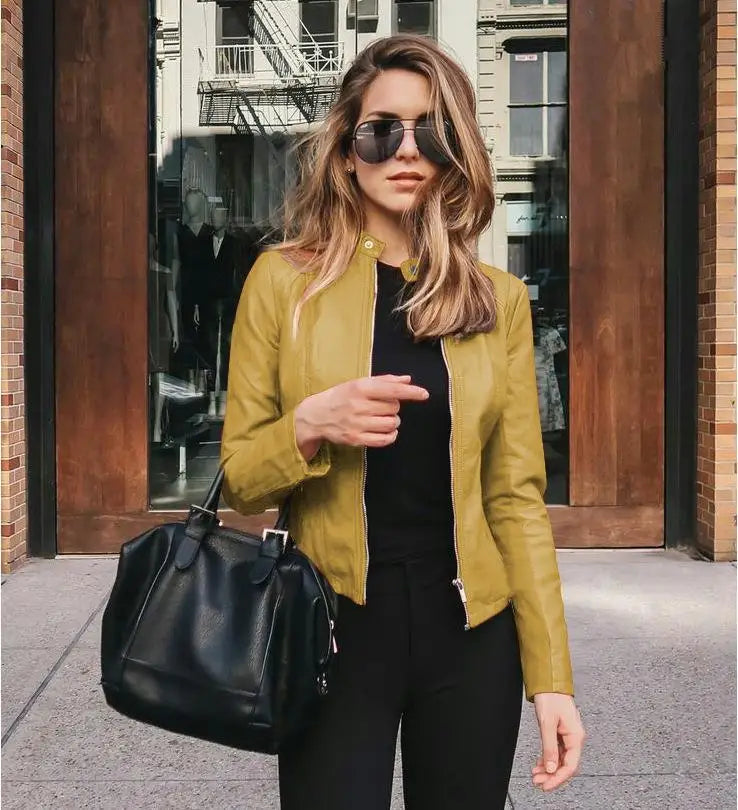 Women’s PU Leather Zipper Bike Coat