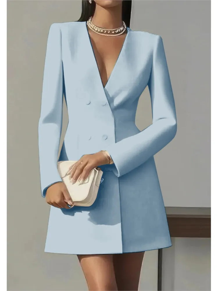 Women's Fashion Solid Button Blazer Short Dresses Autumn Winter Sexy V-neck Party Dress Office Ladies Long Sleeve Slim Dress