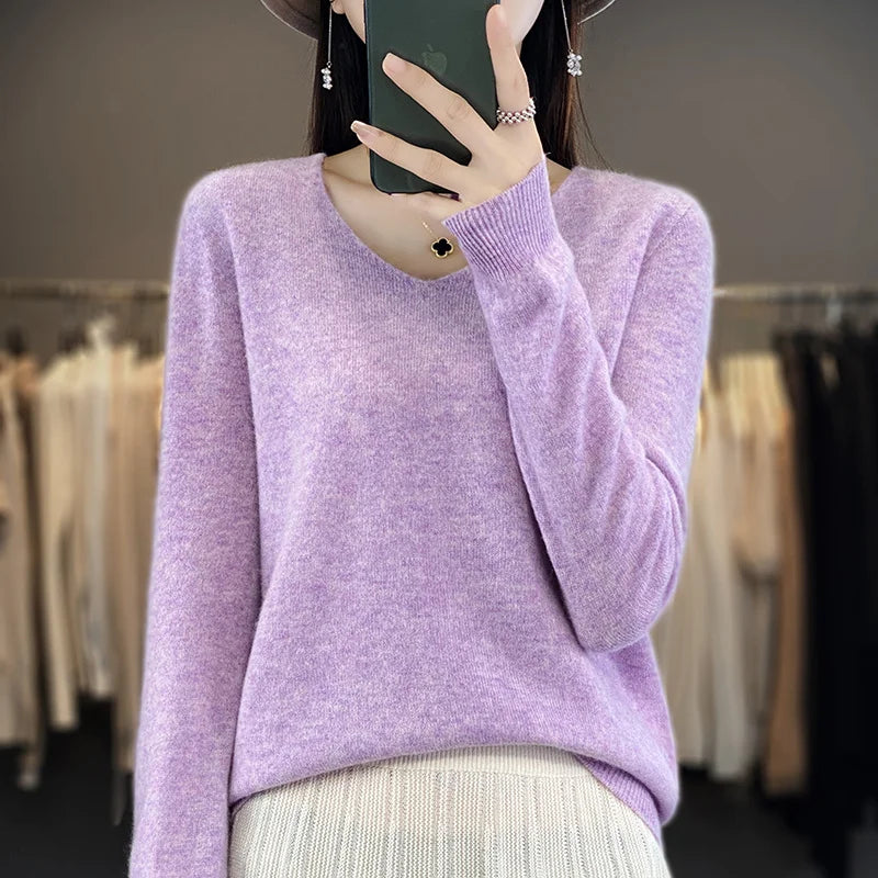 100% Merino Wool V-Neck Sweater for Women