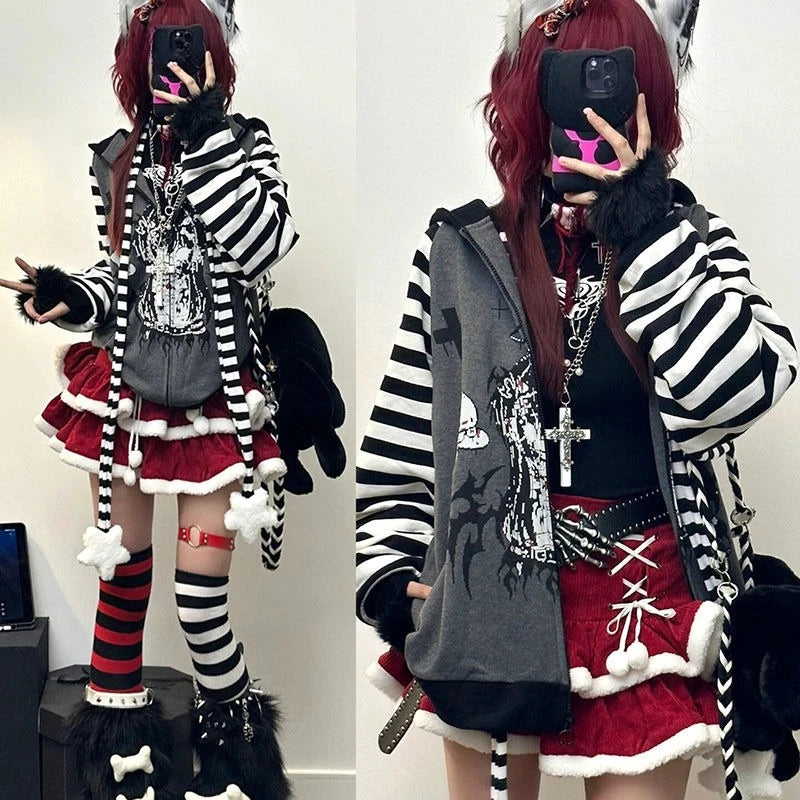 Gothic Y2k Coats Harajuku Gothic Women Hooded Zip Up