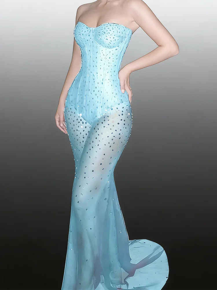 Elegant Sweetheart Beads Sleeveless Illusion Mermaid Formal Evening Dresses