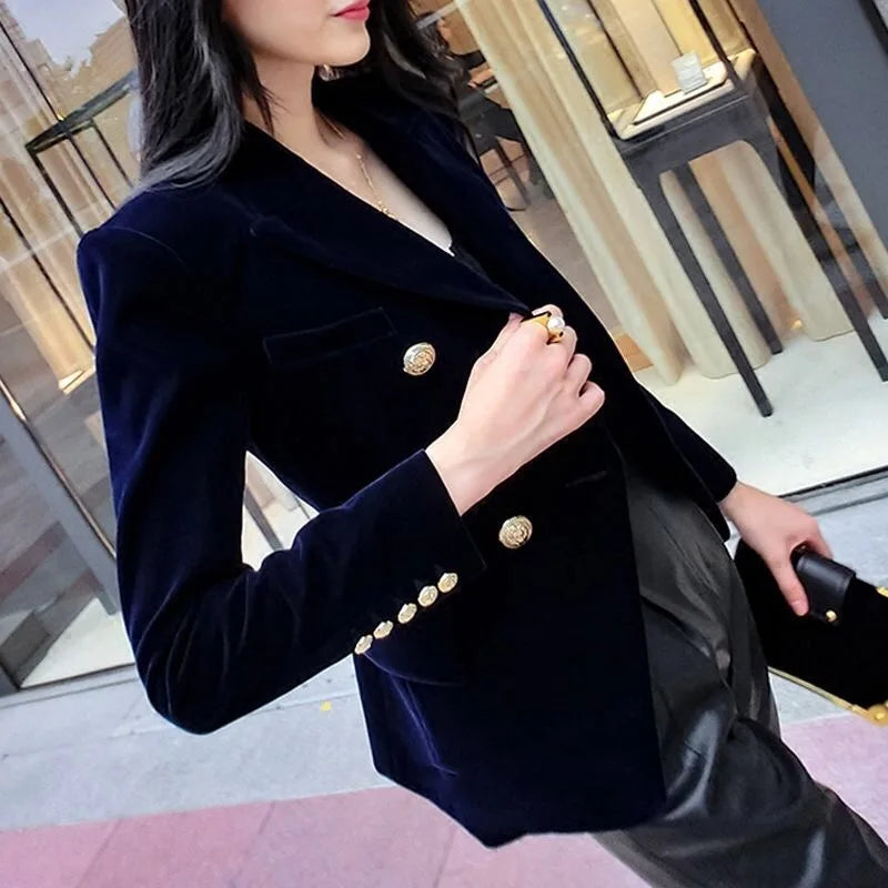 New Spring Fashion Women Midnight Navy Slim Velvet Blazer