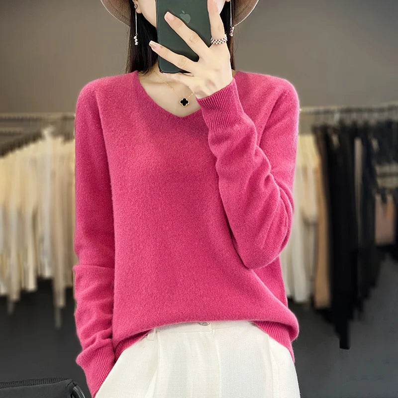 100% Merino Wool V-Neck Sweater for Women