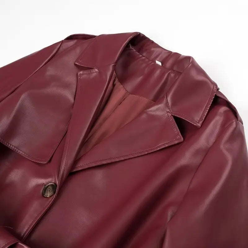 Women Faux Leather Coats Mid Length Jackets Solid Belt