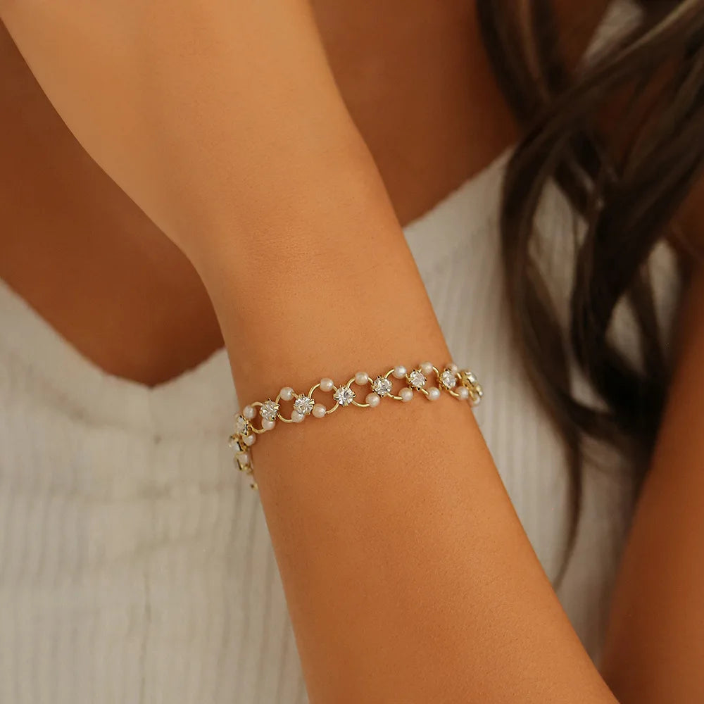 4pcs Vintage Daisy Flower & Pearl Bracelet Set