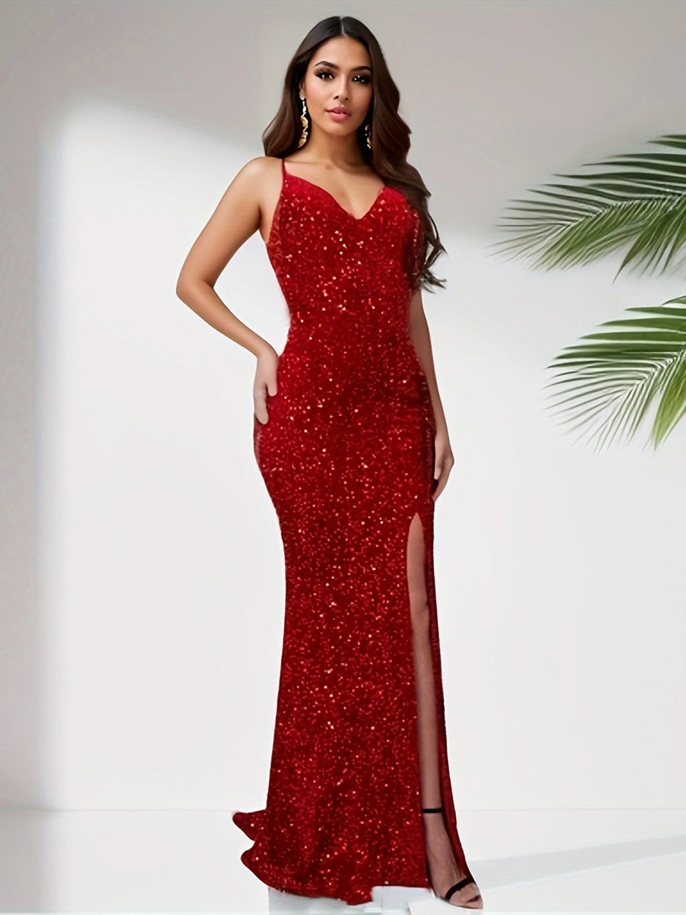 Sexy Sequined V Neck Backless Evening Dress for Women Split Sleeveless Prom Birthday Wedding Party Gown