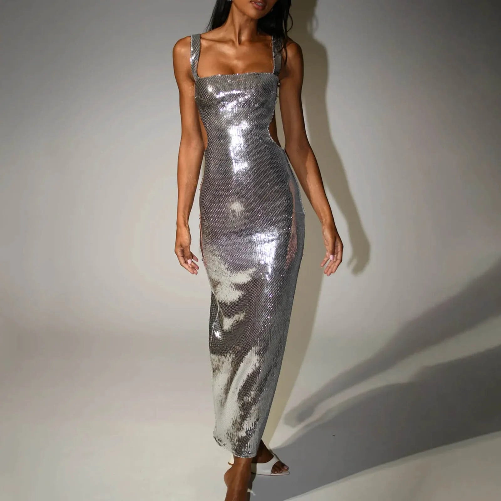 Sexy Spaghetti Strap Sequin Dresses Silver Glitter Backless Slim Fit Bodycon