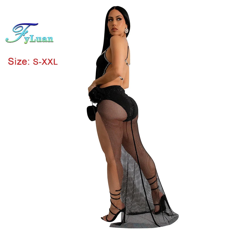 Luxury New Sexy Women’s Skinny High Split Backless Rhinestone Irregular Long Dress Mesh See Night Club Birthday Party Prom Robes