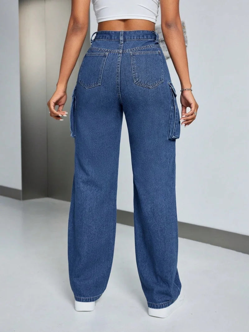 Streetwear Cargo Jeans Autumn Clothing Women High Waist Big Pockets Straight Jeans Female Casual Denim Trousers Basic Jean Pants