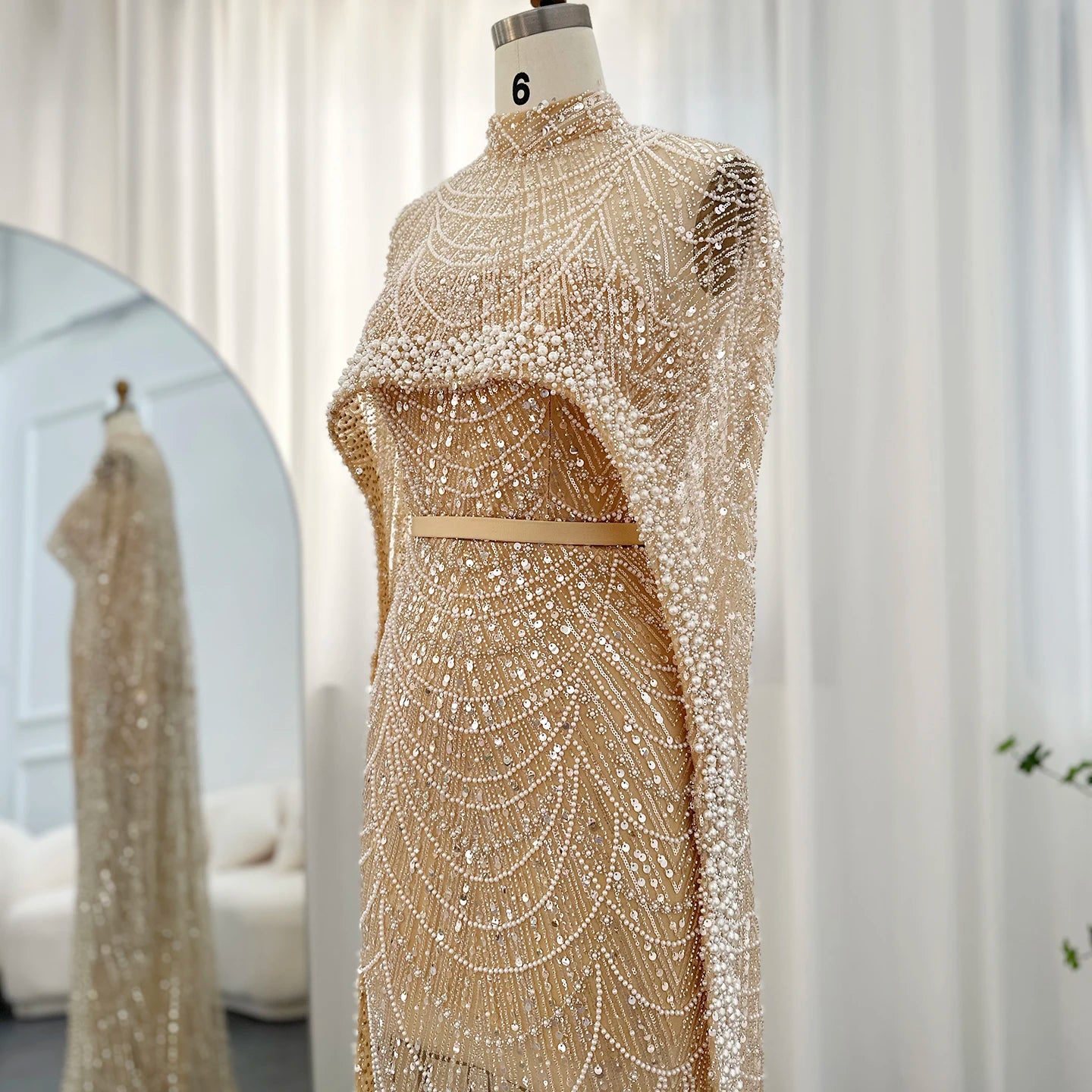 Sharon Said Luxury Pearls Dubai Champagne Evening Dresses