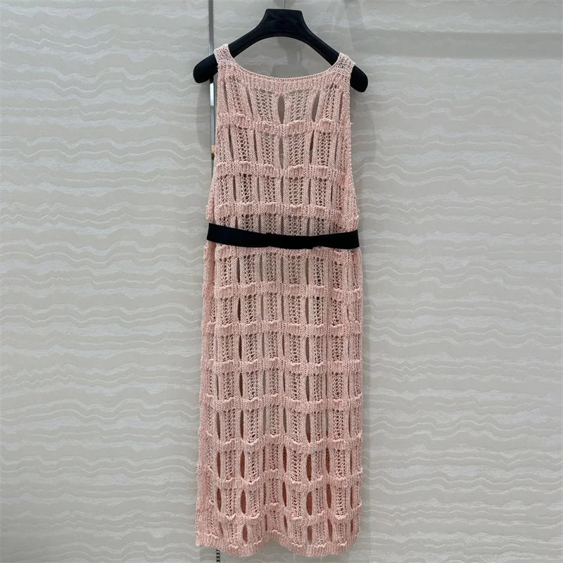 Women's dress New Sexy hollow out sleeveless long dresses for summer 2025 Bow waist belt slim midi dresses V-neck party dresses